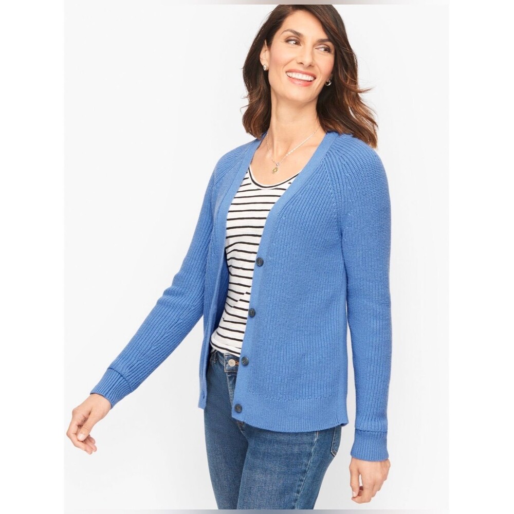 Talbots Shaker Stitch V-Neck Cardigan Medium Cornflower Blue Size 1XP